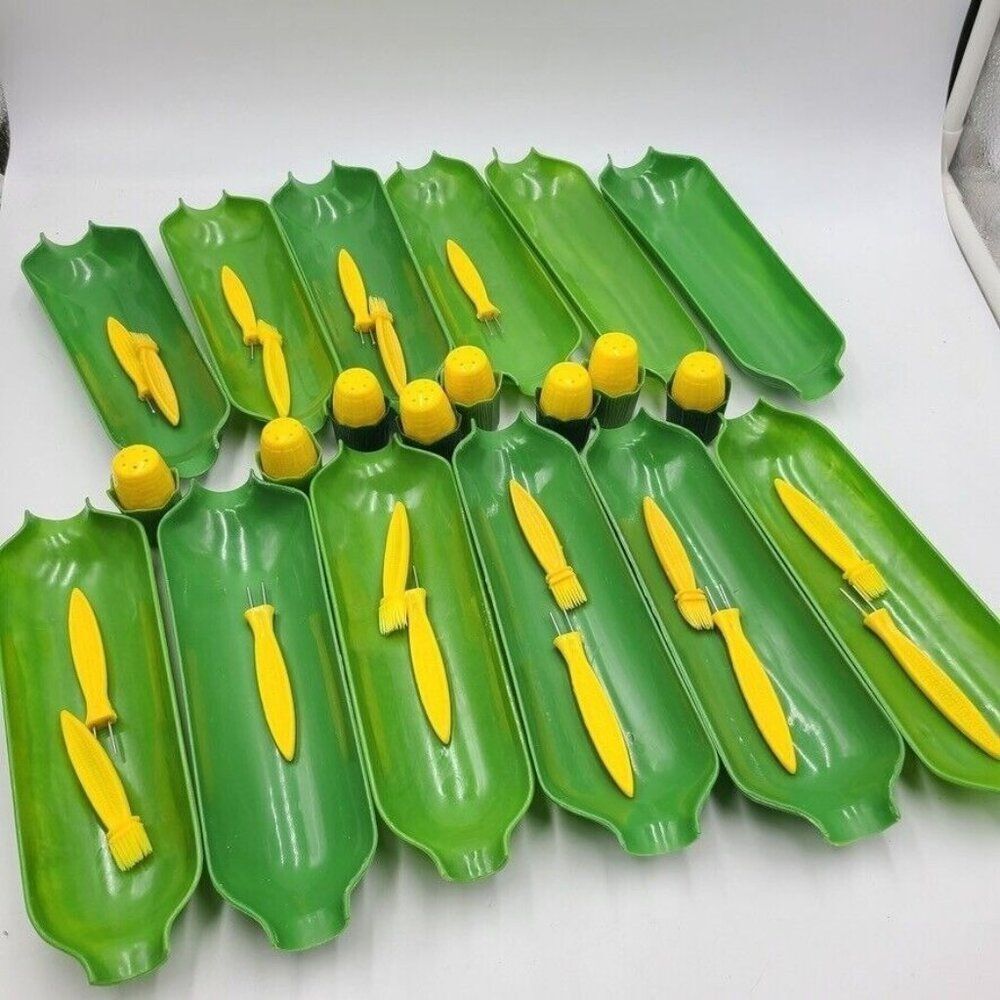 Vintage Green Corn Cob Holder Plates Salt Pepper Skewers Butter Spread Lot 38